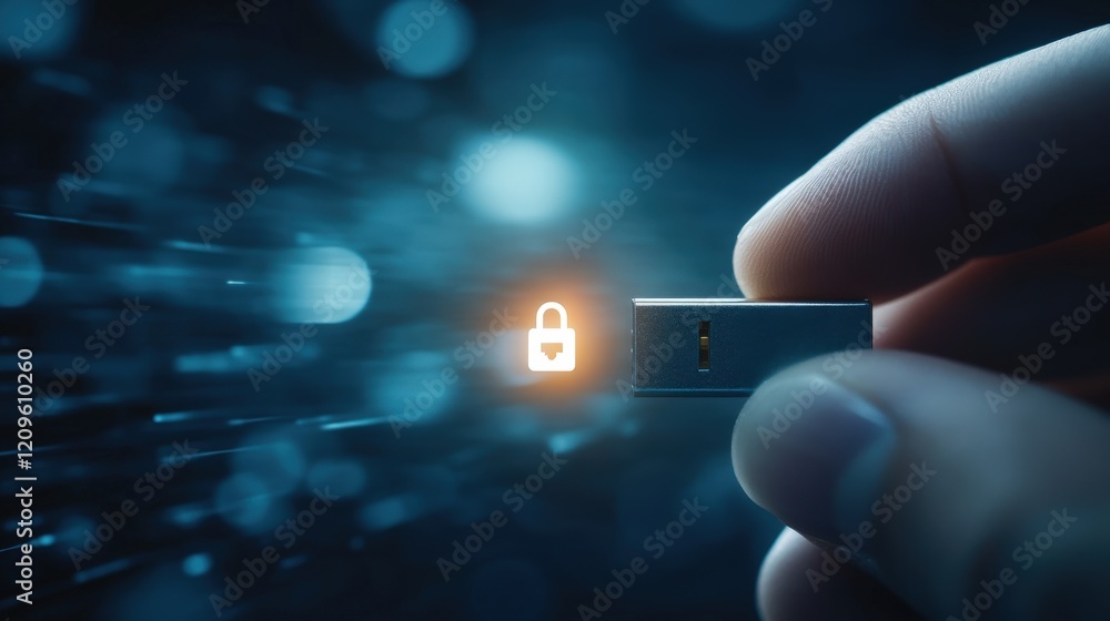 Poster hand holding usb drive with digital lock symbol against blurry technology background representing cy