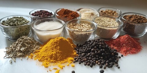 Assorted spices arranged in clear bowls on a white surface, featuring vibrant colors of yellow turmeric, red chili powder, and green herbs.
