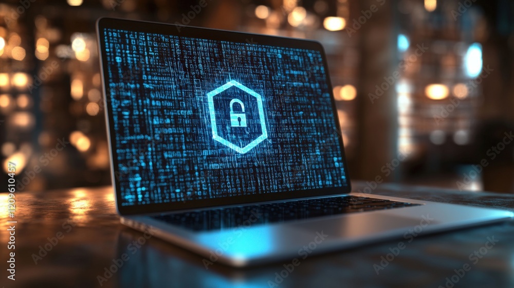 Poster Modern Laptop Displaying Cybersecurity Lock Icon on Screen with Digital Background Illustrating Data Protection and Online Security Measures in a Contemporary Space