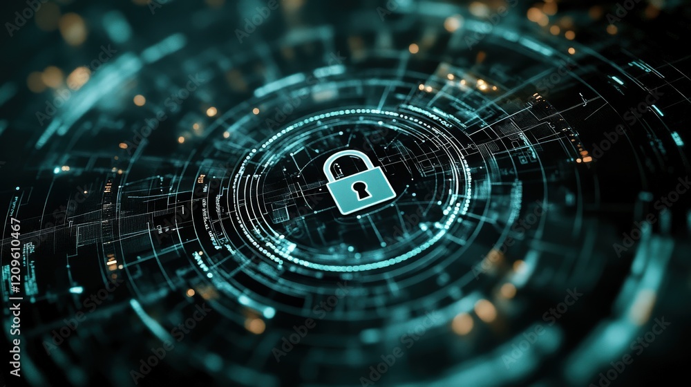 Aufkleber Digital lock concept illustrating cybersecurity and data protection with futuristic technology background showcasing abstract patterns and glowing elements.