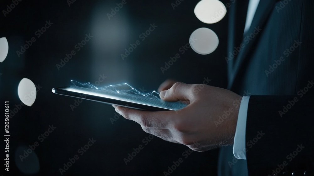 Poster business professional analyzing data on digital tablet with futuristic graph overlay in dark backgro