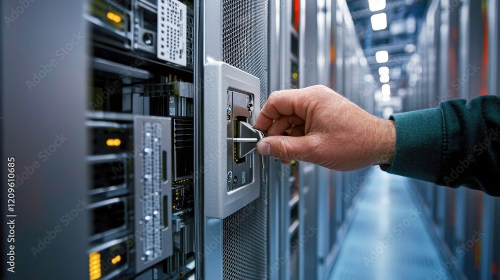 Aufkleber Hand Operating Secure Lock on Server Rack in Modern Data Center, Highlighting Importance of Data Security and Technology Access Management in IT Infrastructure