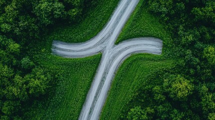 An aerial perspective captures a road intersected by a prominent cross, emphasizing the intersection of pathways and spirituality in the landscape.