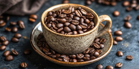 Fototapeta premium Rustic brown cup filled with roasted coffee beans, surrounded by scattered beans on dark stone surface, with a deep earthy color palette.