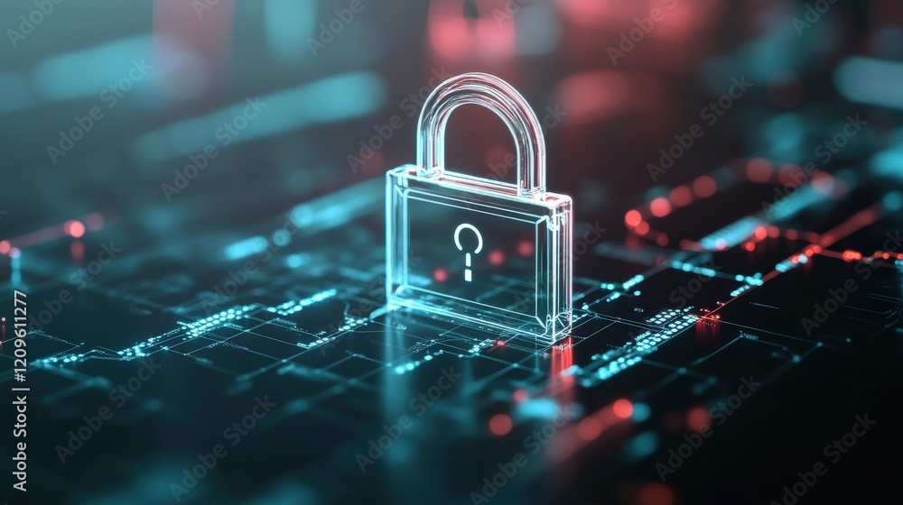 Poster abstract digital representation of a secure padlock symbolizing cybersecurity, protection, and priva