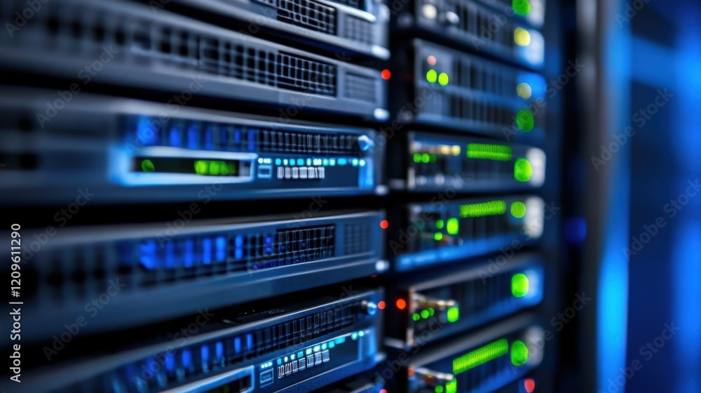 Aufkleber High-Tech Data Center with Multiple Server Racks Featuring LED Indicators and Advanced Hardware for Modern Computing Needs in a Digital Environment