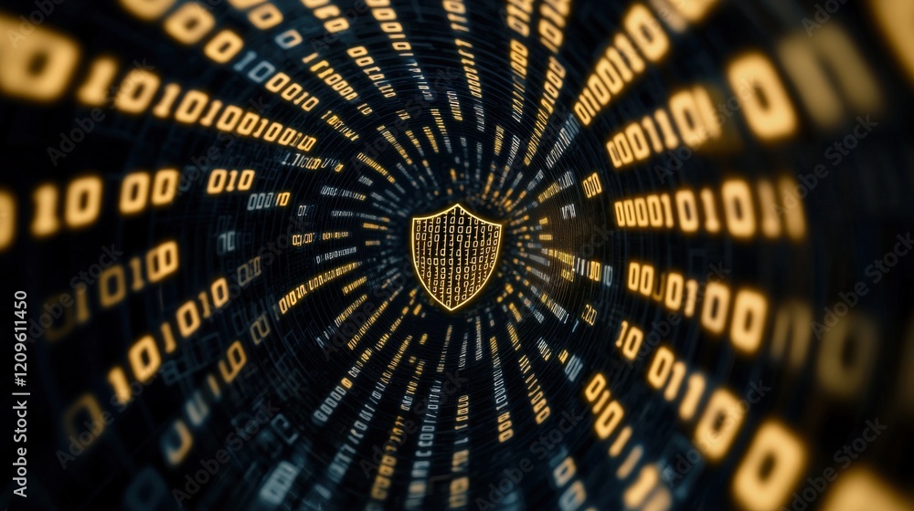 Poster Dynamic Digital Security Concept with Floating Binary Code and Central Shield Symbol Representing Data Protection in Cyber Space Environment