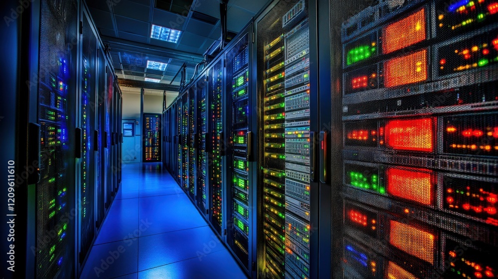Poster Data Center Corridor with Rows of Servers Featuring Colorful LED Lights in a Modern Technology Environment