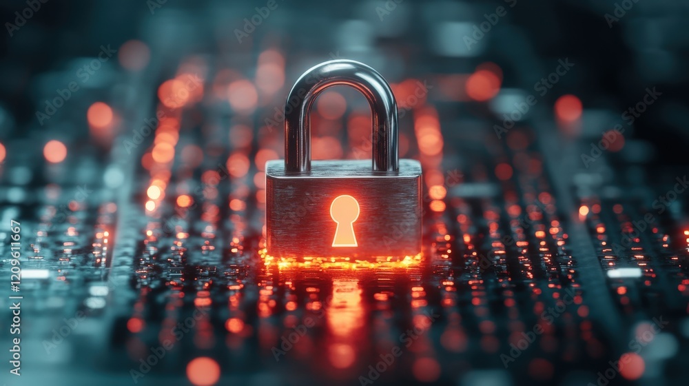 Aufkleber Digital security concept featuring a metallic padlock on a glowing circuit board, symbolizing data protection and cyber security in a technology-driven world.