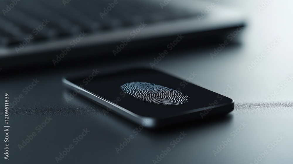 Poster Modern Smartphone Displaying Fingerprint Scanner on Screen with Laptop Keyboard in Background, Illustrating Digital Security and Technology Use in Daily Life