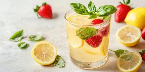 Refreshing lemonade with basil and strawberries in a glass, garnished with lemon slices, set on a light backdrop with soft focus and ample text space.
