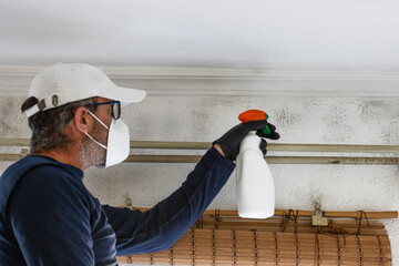 A man wearing a cap and a mask cleans mould from walls and ceilings with a sprayer. Humidity and condensation problem in homes.