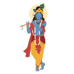Fototapeta premium Modern Digital Illustration of Lord Krishna Playing Flute in Traditional Attire