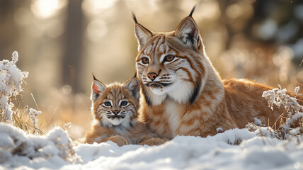 A lynx and her cub are gracefully moving through a quiet, snow-covered winter forest, where the trees stand tall and bare, dusted with fresh snow.