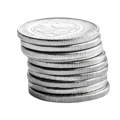 Silver Coin Stack White Background on transparent background.
