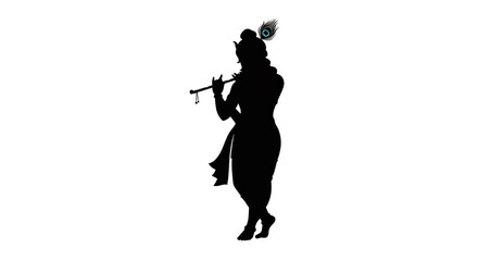 Lord Krishna Silhouette Playing Flute on a Minimalist White Background