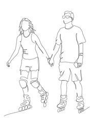 Couple hands holding on rollers date. Woman in knee pads man in glasses. Continuous line drawing. Black and white vector in line art style.