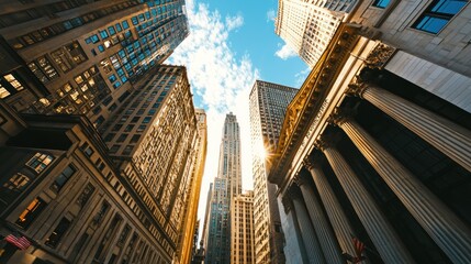 Wall Street's Majestic Skyline: A Low Angle View of Iconic Skyscrapers