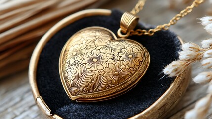 Gold heart locket necklace in jewelry box.