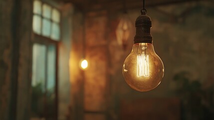 Obraz premium Glowing vintage light bulb hanging in rustic room.