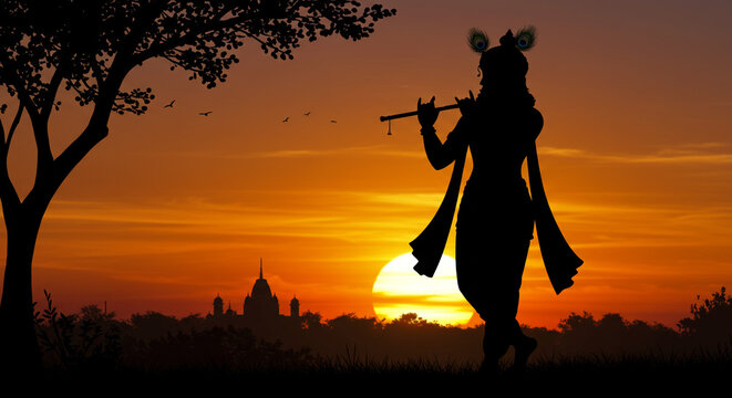 Lord Krishna Silhouette Playing Flute at Golden Sunset