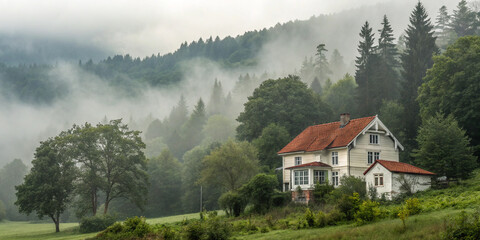 Fototapeta premium Beautiful Isolated House in the Mountains: A Rustic Getaway
