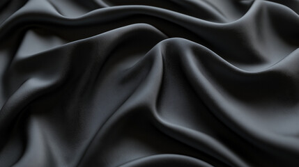 Fototapeta premium A close-up image of crumpled paper with a deep black color. The horizontal composition highlights detailed folds and creases, creating a dynamic textured surface. Subtle highlights add depth
