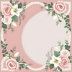 Elegant Floral Border Design with Pastel Pink Background, Decorative Flower Frame, Vintage Floral Art, Wedding Invitation Template, Romantic Floral Illustration, Botanical Border with flowers & Leaves