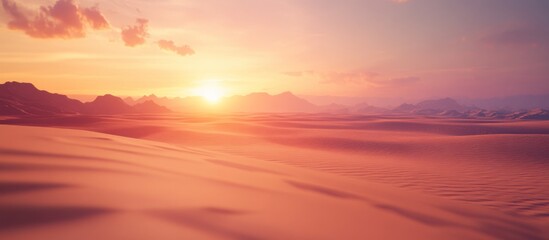 Fototapeta premium Desert sunset landscape with dunes and mountains.