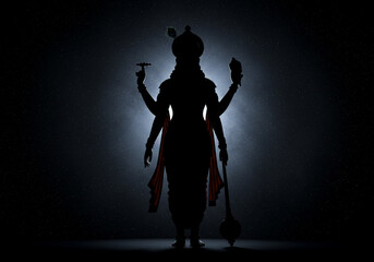 Lord Vishnu Silhouette Holding Conch and Chakra in Mystical Glow
