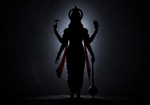 Lord Vishnu Silhouette Holding Conch and Chakra in Mystical Glow
