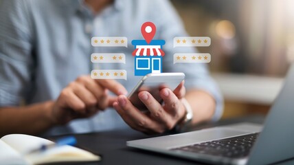 Person holds smartphone showing store map with star ratings