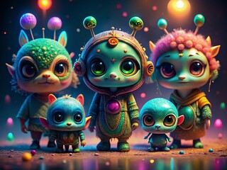 Cute Alien Characters: Whimsical Low-Light Poses, PNG