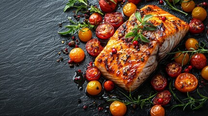 Grilled salmon with cherry tomatoes, herbs, and spices on dark slate. Food photography for recipe blogs or restaurant menus