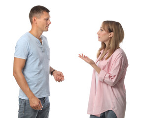 Man and woman talking on white background