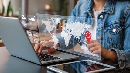 Obraz premium Woman in denim jacket using laptop with world map