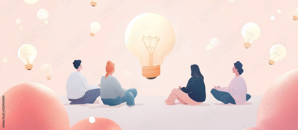 Poster team brainstorming innovative ideas, illuminated by a large lightbulb and smaller lightbulbs floatin