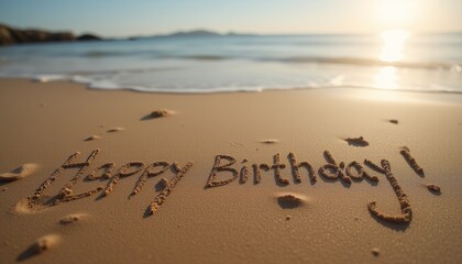 Fototapeta premium Happy Birthday written on sandy beach at sunset