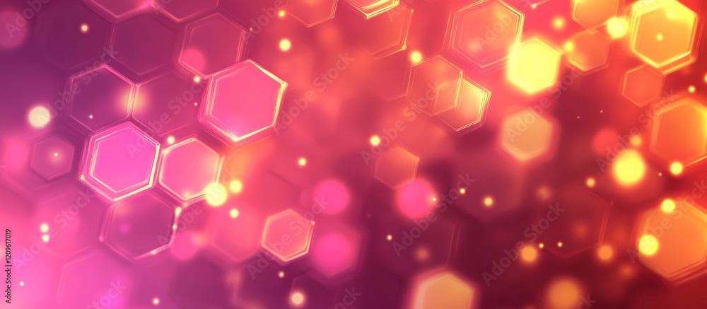 Poster abstract hexagon bokeh background with pink and orange glow.
