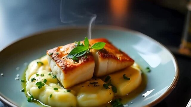 Tender cod or haddock fillet served with creamy mashed potatoes on the side