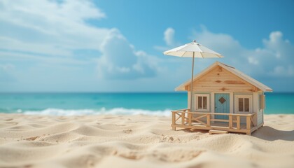 Fototapeta premium Miniature beach house on sandy shore with blurry background