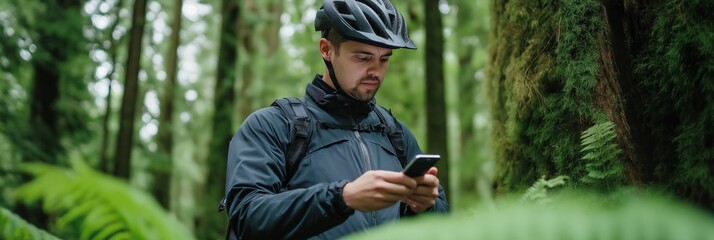 A man is walking in the woods and looking at his phone. He is wearing a backpack and a helmet