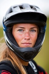 A woman wearing a helmet with a blue strap. She has a smile on her face. The helmet is black and white