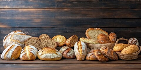Freshly baked assorted breads in various shapes and sizes on a rustic wooden table against a dark wooden backdrop with warm tones.