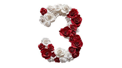 A sophisticated letter '3' with intricate white and red rose decorations, displayed on a plain white canvas