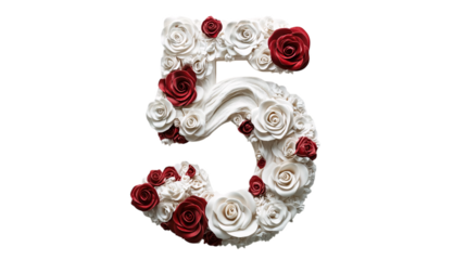 A sophisticated letter '5' with intricate white and red rose decorations, displayed on a plain white canvas