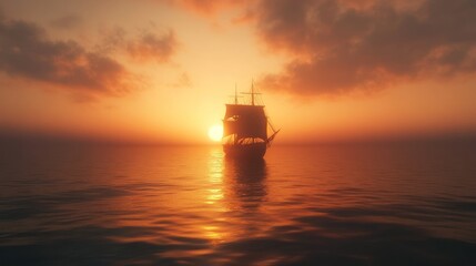 Fototapeta premium Silhouette of sailing ship at sunset on calm ocean.
