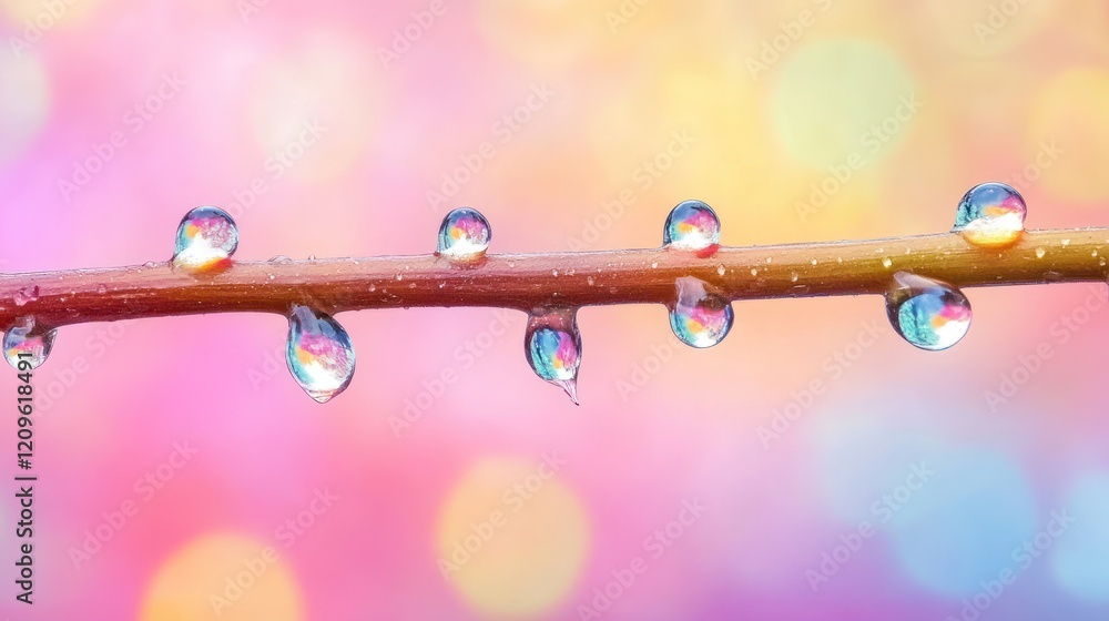 Poster dewdrops on a branch with bokeh background.