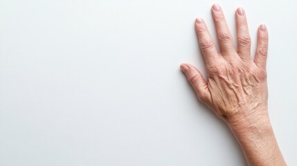 A person raises their hand against a plain white wall, creating a striking contrast and emphasizing the simplicity of the scene.