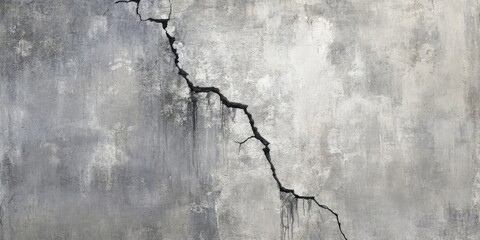 Close-up of a gray wall featuring a vertical crack with dark edges creating an abstract texture, ample copy space on the right for design elements.